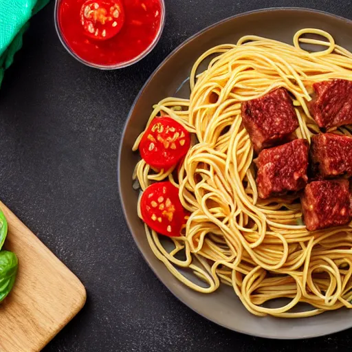 Prompt: spaghetti and meat cubes