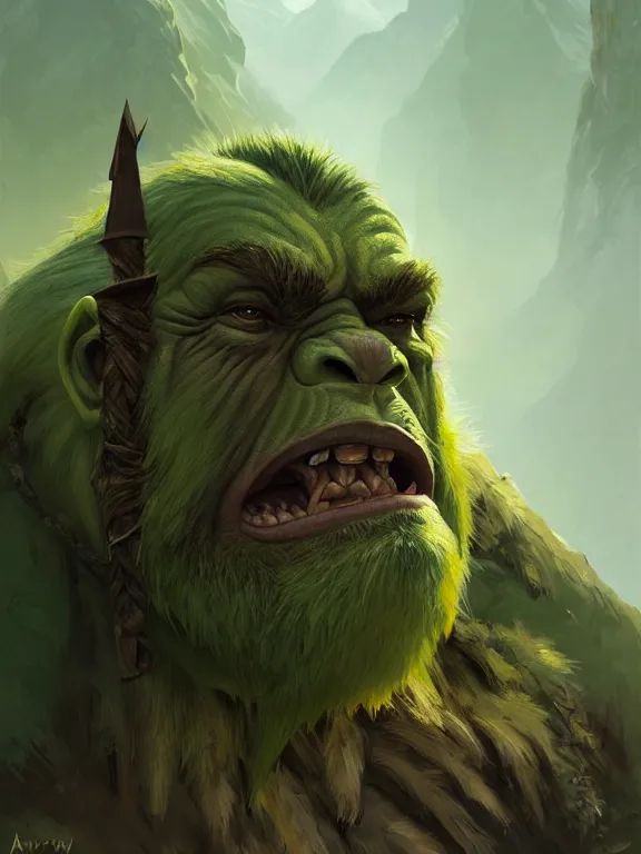 Image similar to portrait of a green mountain orc, looking at camera, d & d, savage warrior, fur attire, aztec hair, large noses, intricate, fantasy, extremely detailed, digital painting, artstation, concept art, smooth, sharp focus, illustration, ambient lighting, art by artgerm and greg rutkowski and alphonse mucha and simon stalenhag