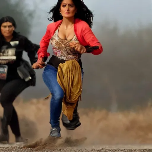 Image similar to salma hayek running from the border full of beans
