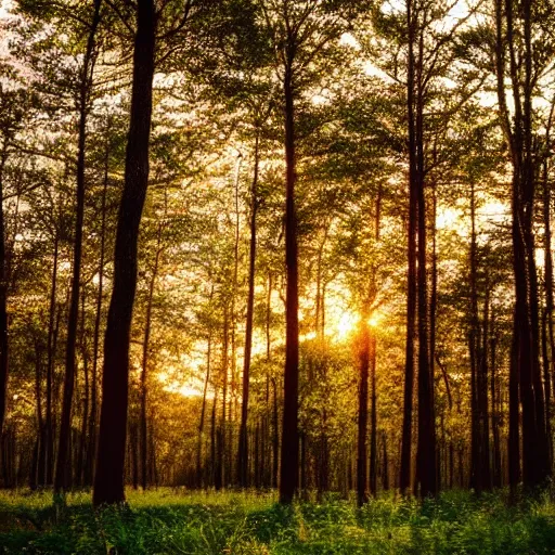 Prompt: really beautiful forest, evening sky, light passing through leafs