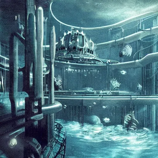 Image similar to bioshock underwater city, 1 9 5 0 s sci - fi art