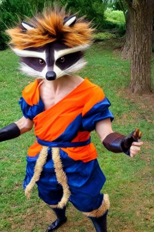 Prompt: a racoon dressed up as goku, realistic.