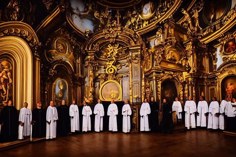 Prompt: photography of circle group of priests in front of a hell portal invoking a lovecraft creature in a baroque intricate church