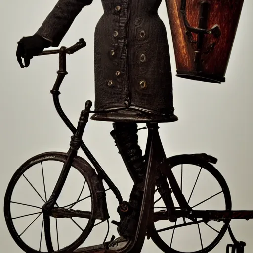 Image similar to close up portrait of a life size victorian steampunk automaton standing in with a bicycle, 8 k, soft lighting, highly detailed realistic, face in focus 1 8 9 0's liminal