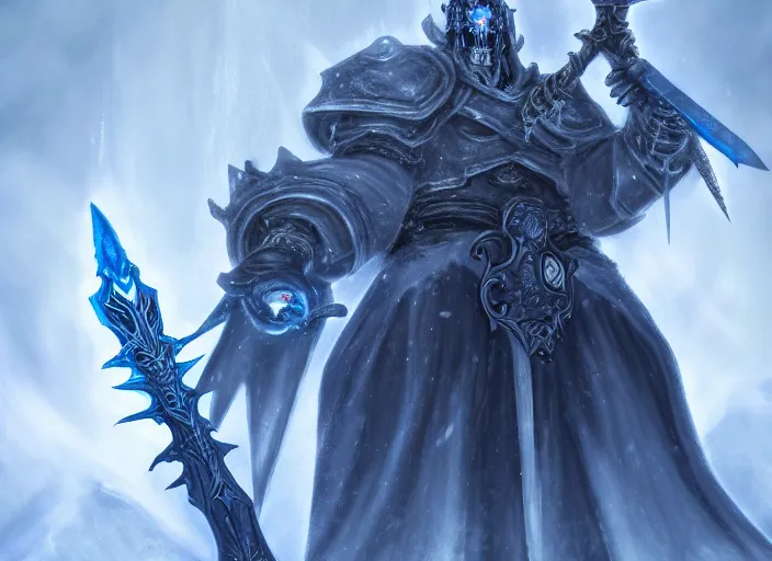 Image similar to the lich king with his mourneblade sitting on the frozen throne artwork by mendoza eddie, trending on artstation