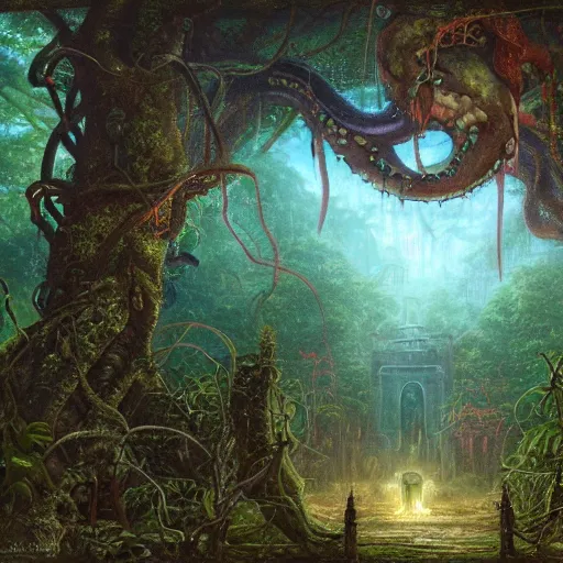 Prompt: A sinister and abandoned temple With a scary huge squid, surrounded by vines and flowers , in a jungle, Lovecraft, horror, well detailed, 8k, by Thomas Kinkade and Albert Bierstadt