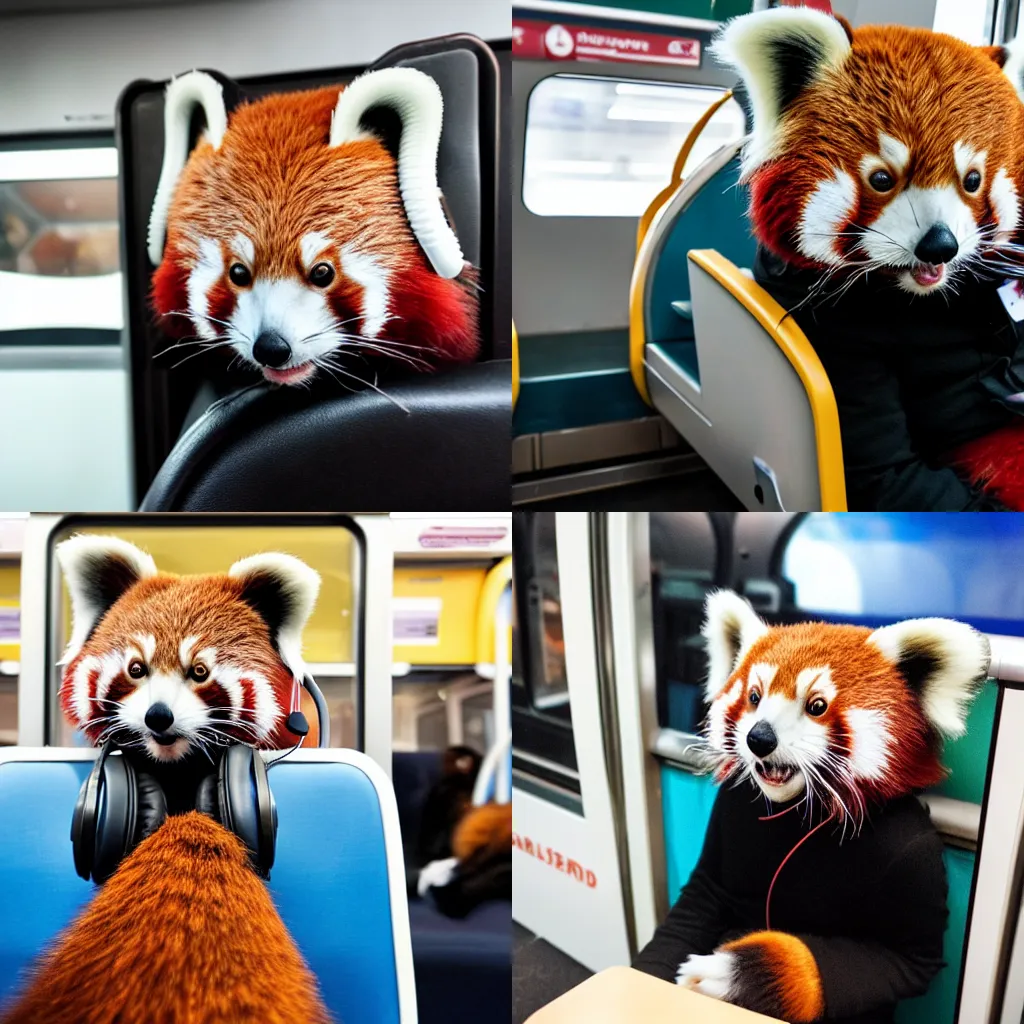 Prompt: red panda with headphones sitting on a seat in a metro car