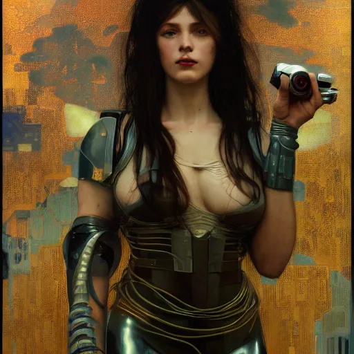 Image similar to cyberpunk woman | powerful | hyperrealistic | lush background | sci fi environment | action pose | digital painting | trending on artstation | pinup portrait | clean | illustration | dressed | unreal engine 5 | 8 k resolution | by greg rutkowski j. w. waterhouse alphonse mucha gustav klimt and mel ramos