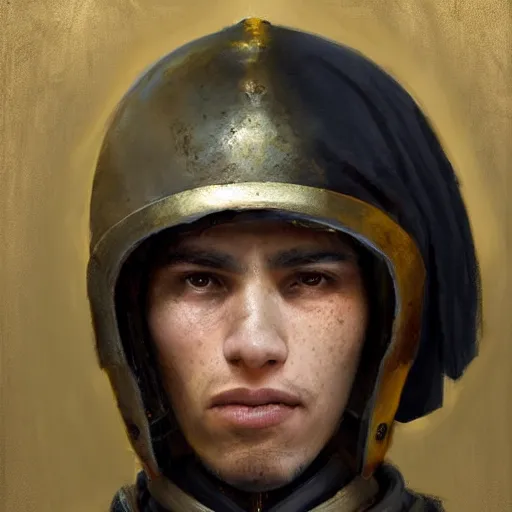 Image similar to Medium shot young idealistic and pious homely male Imperial soldier wearing a black tabard with light yellow accents over a brown gambeson and a {realistic steel helm!!!!!}, by Raymond Swanland Greg Rutkowski Lise Deharm, {perfect face}, {perfect eyes}, {uncertain look}, {on edge}