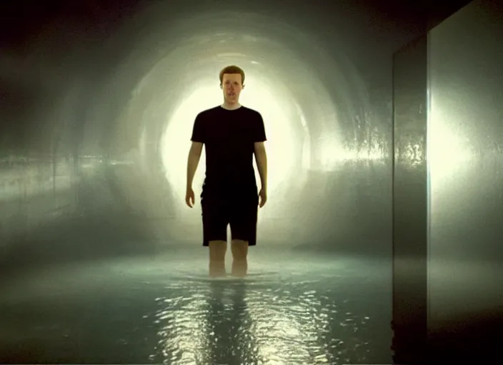 Prompt: film still of mark zuckerberg floating in a tank of milky fluid as a precog in minority report movie, 8 k