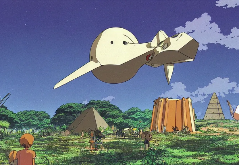 Prompt: a movie still from a studio ghibli film showing several large white pyramids and a golden ufo in the amazon jungle. by studio ghibli