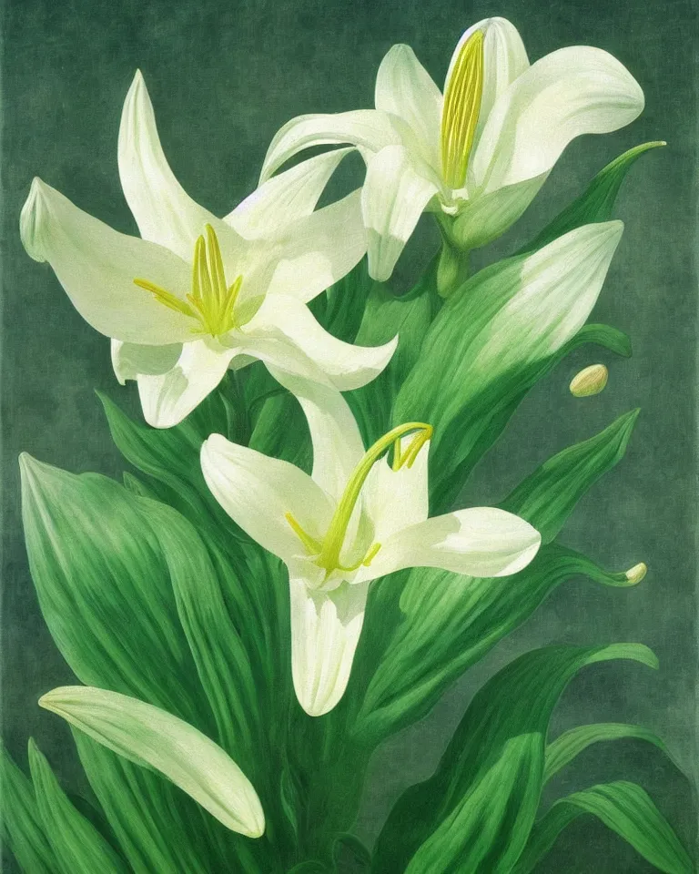 Prompt: achingly beautiful painting of one white lily on green background rene magritte, monet, and turner. piranesi. macro lens.