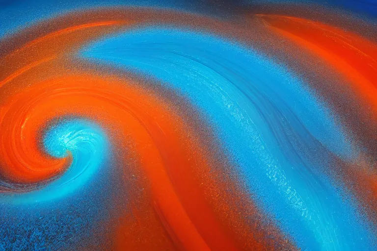 Prompt: wave of water particles, blue, orange, and brown colors, curl noise, vortex, simulation, featured on behance, uhd image, fractalism, painterly, media art, motion graphic, particles, fluids, 3 d, rendering, octane