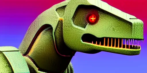 Image similar to a character art rendering of a robot T-rex made of mechanical parts, cartoonish psychedelic paleoart rendering, realistic dinosaur cyborg in the style of simon stålenhag, made with zbrush