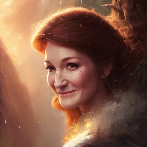 Image similar to closeup portrait of a young jane seymour as a wizard casting magic, forest background, megacity, high fantasy, dramatic light, gorgeous view, depth, high detail, digital art, painted by greg rutkowski, trending on artstation