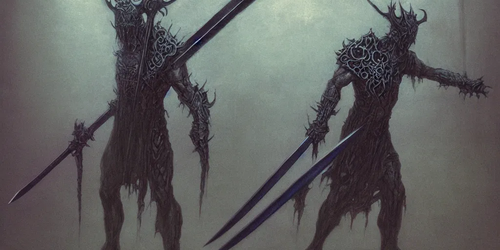 Image similar to Demonic sword in full length with blue glowing runes and eyes on the blade. In the dark, glowing ominously. In style of Beksinski, concept art, highly detailed.