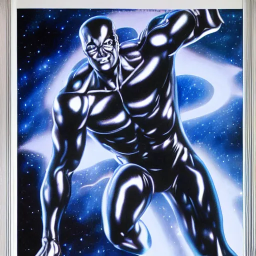 Prompt: movie poster, comic book page, oil painting, of a silver, silver surfer, space, by hajime sorayama