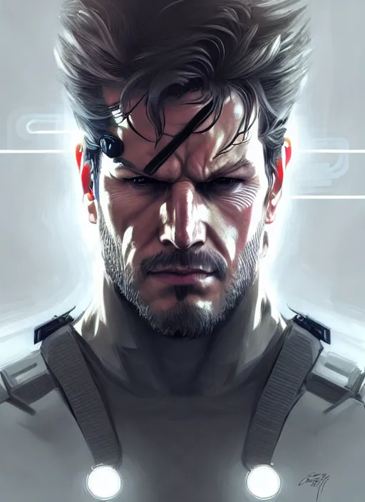 Image similar to symmetry!! portrait of solid snake, metal gear solid, tech wear, glowing lights!! intricate, elegant, highly detailed, digital painting, artstation, concept art, smooth, sharp focus, illustration, art by artgerm and greg rutkowski and alphonse mucha