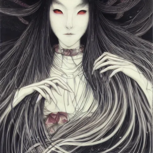 Image similar to yoshitaka amano blurred and dreamy realistic illustration of a japanese woman with black eyes, black lipstick, long wavy white hair fluttering in the wind wearing elden ring armor with engraving, abstract patterns in the background, satoshi kon anime, noisy film grain effect, highly detailed, renaissance oil painting, weird portrait angle, blurred lost edges, three quarter view