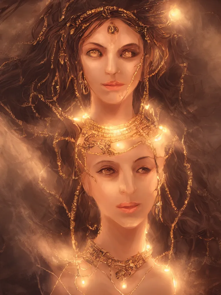 Image similar to close up portrait of a beautiful female goddess with glowing necklace, stone courtyard background fantasy atmosphere, decolletage, confident pose, coherent, insane detail, concept art, character concept, cinematic lighting, global illumination radiating a glowing aura