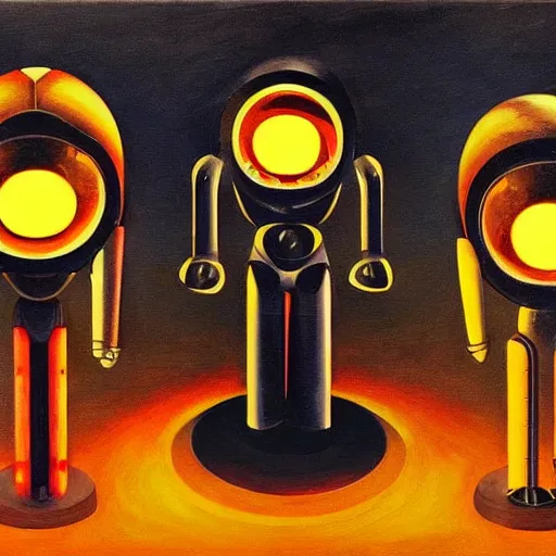 Prompt: three brutalist robotic idols with glowing eyes, inside a dome, pj crook, grant wood, edward hopper, syd mead, chiaroscuro, oil on canvas