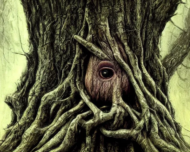 Image similar to a talking oak tree, a face in the bark, nose made of wood, eyes in the bark, mouth in the bark, fantasy horror concept art, scary, digital painting, oil painting, hyperrealistic, treebeard, ent, highly detailed, dark and gloomy, very detailed eyes, artstation, cgsociety, in the forest, by alan lee, by artgerm