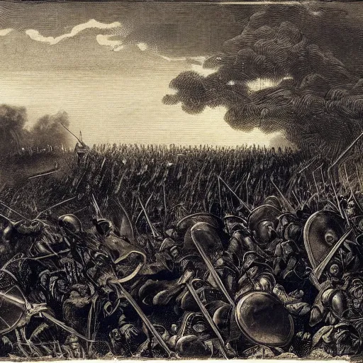 Prompt: distant evening medieval war landscape, two armies clashing on an open field, atmospheric, silhouettes