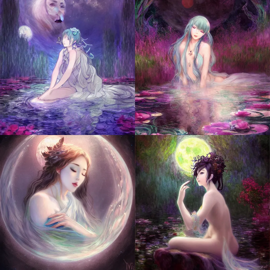 Prompt: whimsical, anime, mystical goddess with exceptional makeup, flowing robes, sitting in a reflective pool underneath a moon, by yuchenghong on deviantart, claude monet, tomas kinkade, trending on patreon, deviantart, twitter, artstation, subtle and detailed, heavy contrast