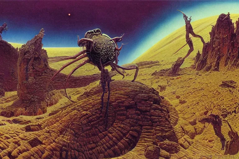 Image similar to oil painting, super - detailed scene of a planet that is also a giant insect, entomology, japanese sci - fi books art, artwork by jean giraud and zdzislaw beksinski and alphonse mucha and hr giger, hd, 4 k, high quality