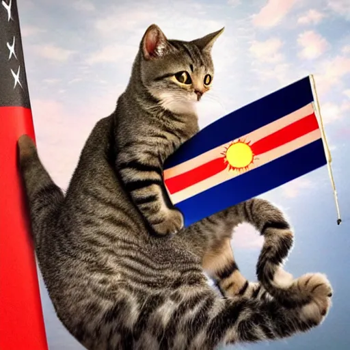 Prompt: a small cat holding his national flag is riding a large cat and traveling the world and going into battles