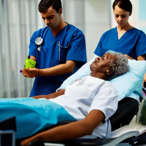 Image similar to a man is giving blood at the bloodbank but his blood is green and the nurses standing by are very scared. extremely detailed photo, hostpital exnvironment.