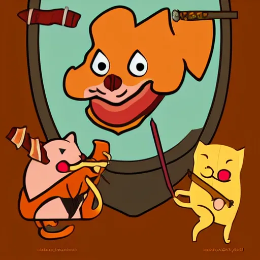 Prompt: anthropomorphic bacon, sword fighting an orange tabby cat, orange tabby sword fighting anthropomorphic bacon, award - winning photograph, realism