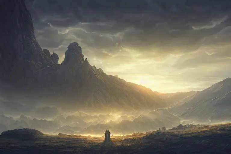 Image similar to cinematic lighting fantasy painting, an ancient land, sunset and ominous shadows over the kingdom by jessica rossier and hr giger