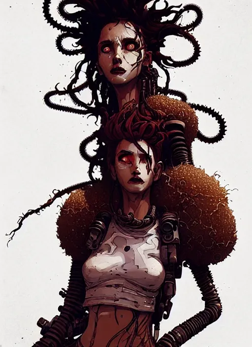 Image similar to highly detailed portrait of wasteland punk long curly fire hair tribal lady, stray wiring by atey ghailan, james gilleard, by joe fenton, by greg rutkowski, by greg tocchini, by kaethe butcher, 4 k resolution, gradient red, orange, black and white color scheme!!! ( ( burning flaming robotic dystopian city background ) )