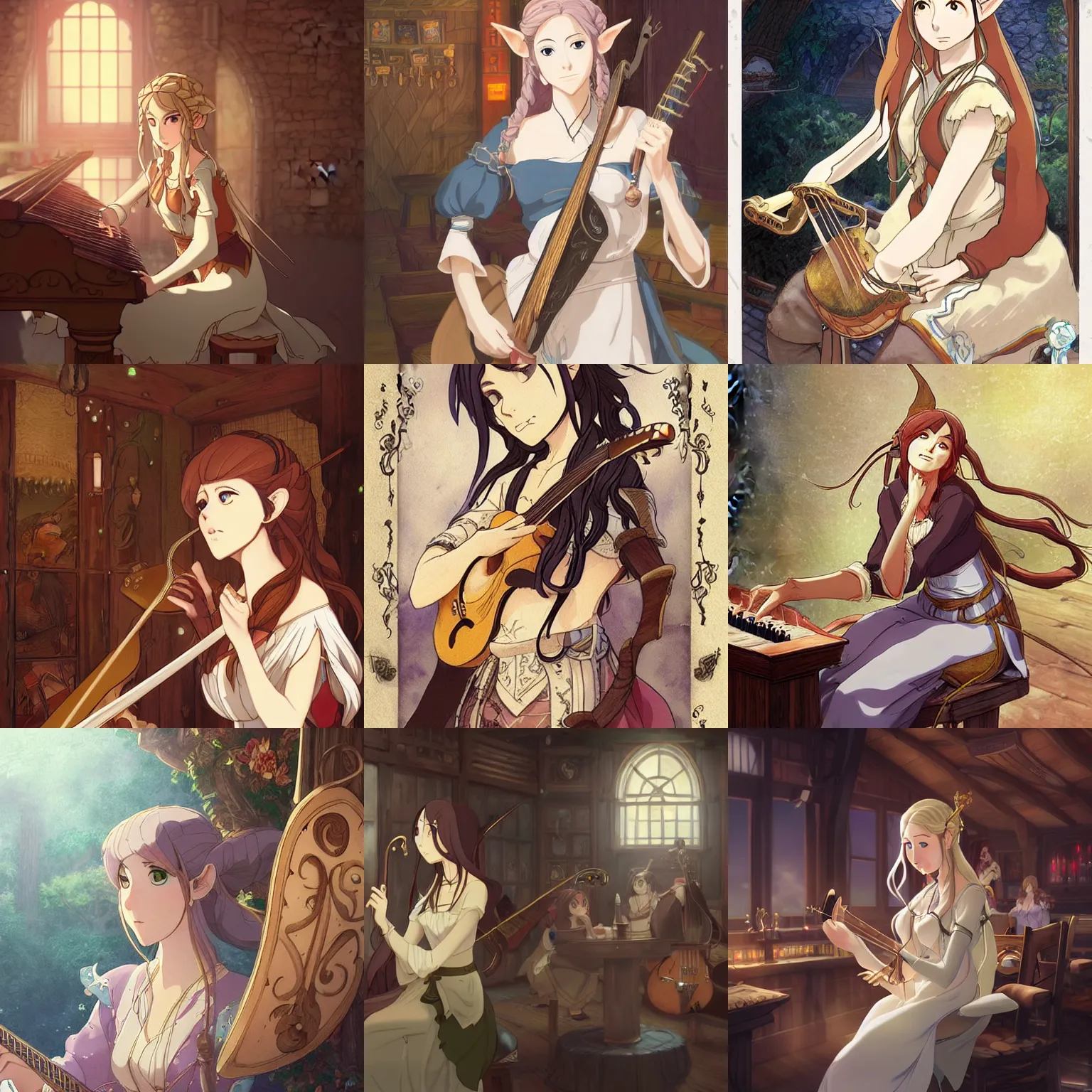 Prompt: Portrait of a female elven bard playing a song in a tavern, fantasy, defined facial features, highly detailed, digital illustration, Kyoto Animation and Studio Ghibli anime screenshot, by Makoto Shinkai