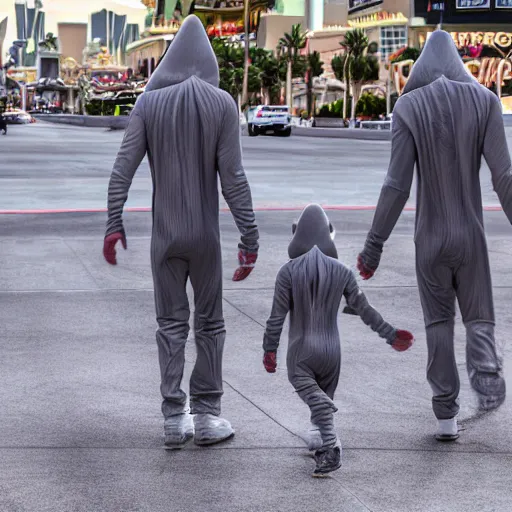 Image similar to actual photography of grey aliens walking along the Las Vegas strip, award winning, high def,