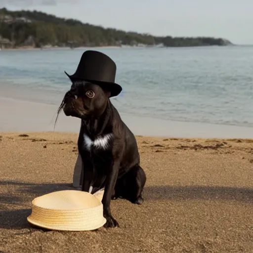 Prompt: Dog with hat on the beach having a picknick