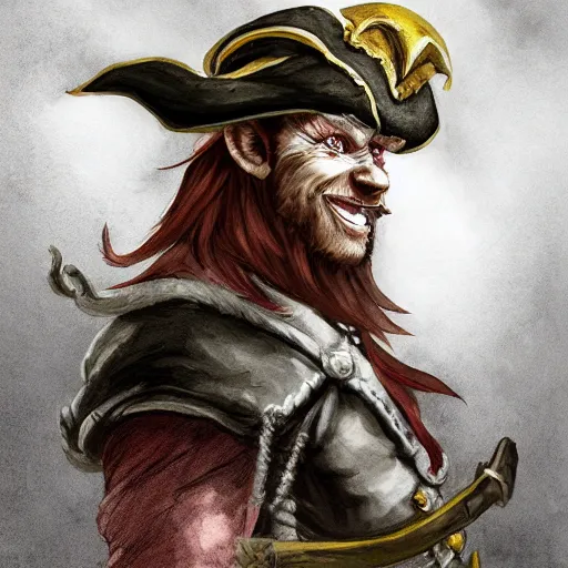 Prompt: handsome grinning ginger elf rogue, tricorne pirate captain hat, naval background, D&D, fantasy, portrait, cinematic lighting, centered, symmetrical, highly detailed, digital painting, artstation, concept art, smooth, sharp focus, illustration, volumetric lighting, epic Composition, 8k, anatomically correct, art by Akihiko Yoshida and Greg Rutkowski and Craig Mullins, oil painting, cgsociety