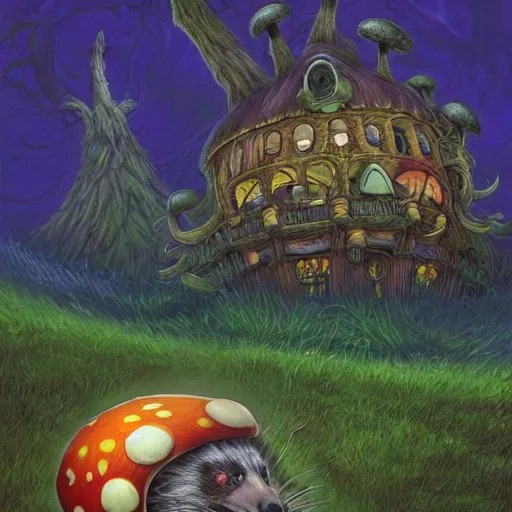 Image similar to 4 k headshot portrait of a psychedelic demonic anthropomorphic badger with mushroom themed clothes, magic mushroom village in background by jeff easley, award winning, stylized neon, post - processing, masterpiece, superb resolution. in the art style of junji ito and greg rutkowski. detailed mushroom city in background. hyper realistic anime. perfect art. dalle 2