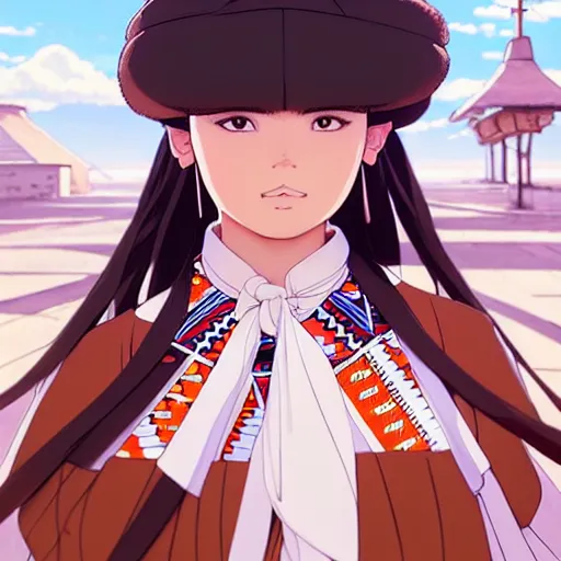 Image similar to a beautiful! plus sized native women instagram model, brown skin, wearing elegant catholic school girl designer fashion with mayan pattern and native style, aztec street fashion, gapmoe yandere grimdark, trending on pixiv fanbox, painted by greg rutkowski makoto shinkai takashi takeuchi studio ghibli, akihiko yoshida