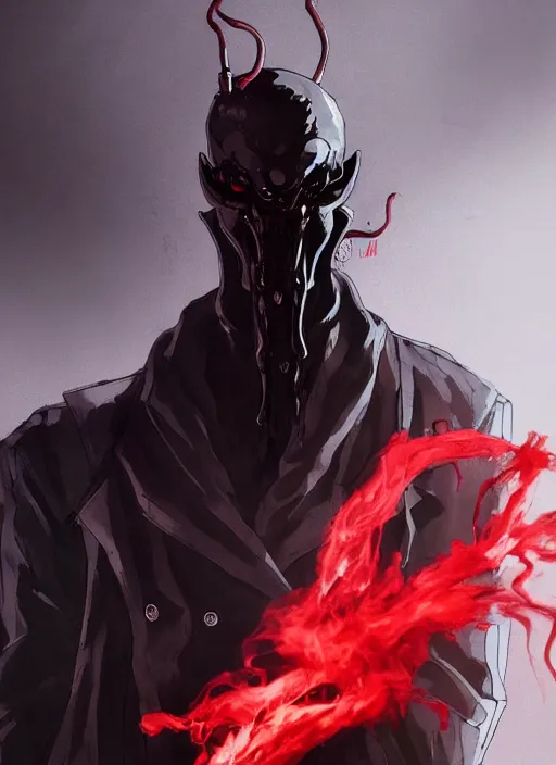 Image similar to half body portrait of an evil deity, a squid man in black mask and black rugged long trench coat made of smoke, red aura. in style of yoji shinkawa and hyung - tae kim, trending on artstation, dark fantasy, great composition, concept art, highly detailed, dynamic pose.