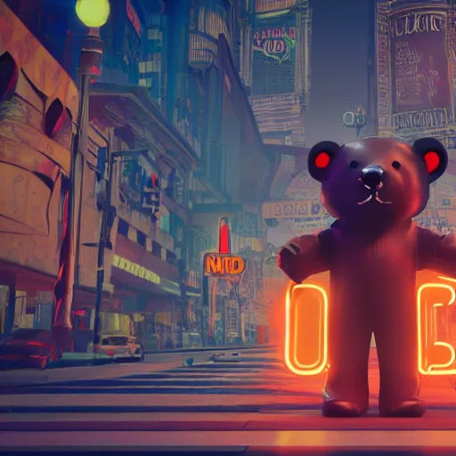 Prompt: photo of a futuristic steampunk bear in a city with neon signs raytraced textured dramatic