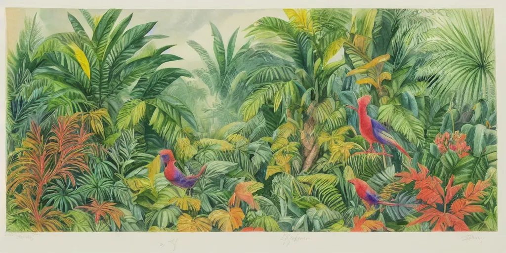 Prompt: watercolour of a tropical scenery of a jungle with multicoloured birds and plants. detailed. beautiful. stunning. high art. h 7 6 8