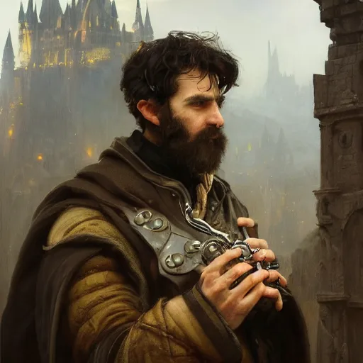 Image similar to closeup portrait of an artificer, furry ferret, male, dark hair, wizard, serious face, dungeons and dragons character, dramatic lighting, castle background, gorgeous view, realistic, high detail, digital art, painted by greg rutkowski, painted by jeremy mann, painted by alphonse mucha, trending on artstation