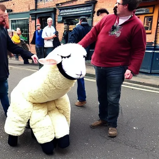 Prompt: photo of a man in a sheep costume is on fire and jesus is helping him outside a british pub