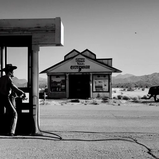 Image similar to a cowboy going through the door of an old gas station, Joshua Tree Park, dust flying, cinematography by Roger Deakins in cinemascope