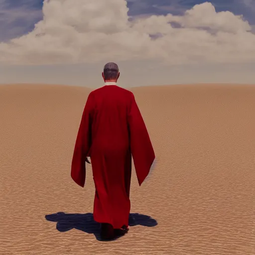 Image similar to an evil priest wearing red robes walking in a desert, sunny weather, gerhard richter, rendered in octane, realistic, 8 k, vivid, intricate, detailed