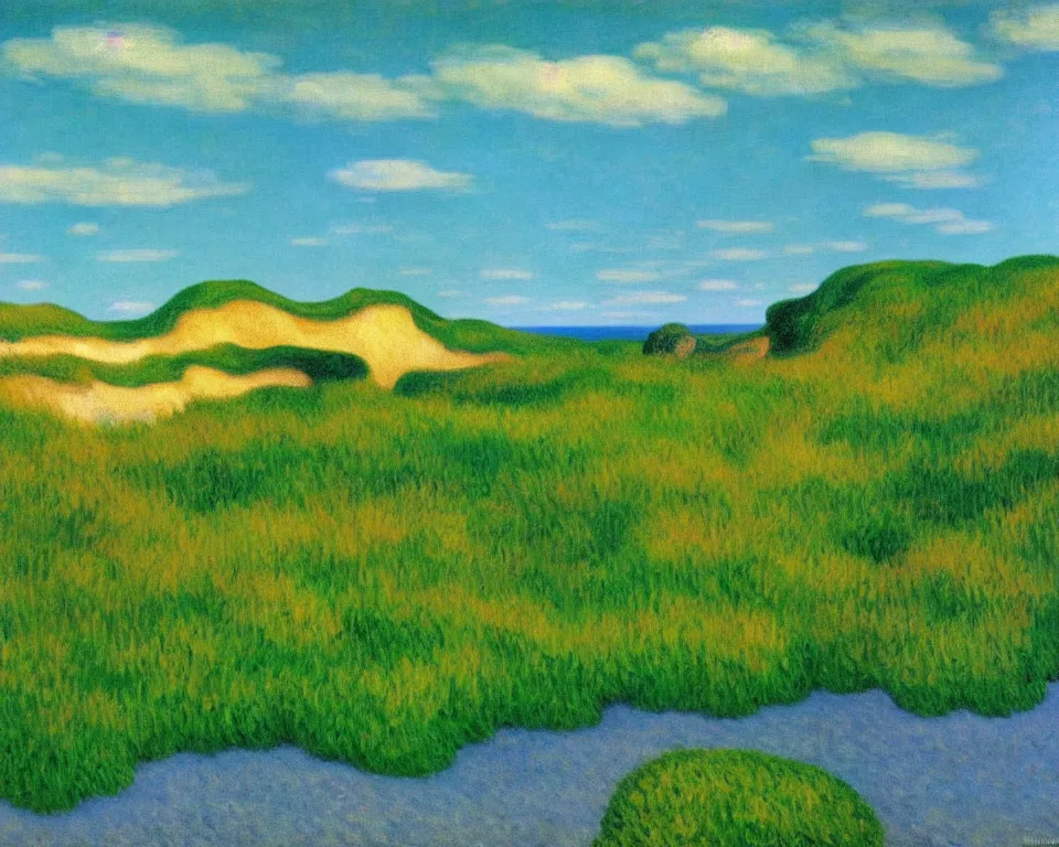 Image similar to achingly beautiful painting of bandon dunes by rene magritte, monet, and turner.