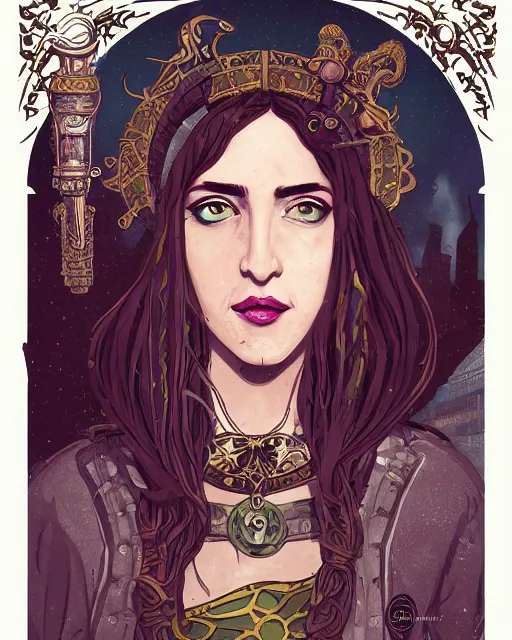 Image similar to a detailed portrait illustration of a steampunk wizard - noble - merchant. beautiful transgender arabic female face. art nouveau, pop art, comic book style. influenced by neil gaiman, h. p. lovecraft, dan mumford, brian froud, vadim voitekhovitch, killian eng, ross tran.