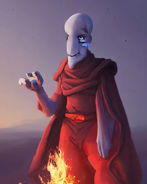 Image similar to squidward with [ [ [ [ [ [ four legs ] ] ] ] ] ] wearing fire nation clothing and practicing firebending outside at susnset, [ greg rutkowski ]